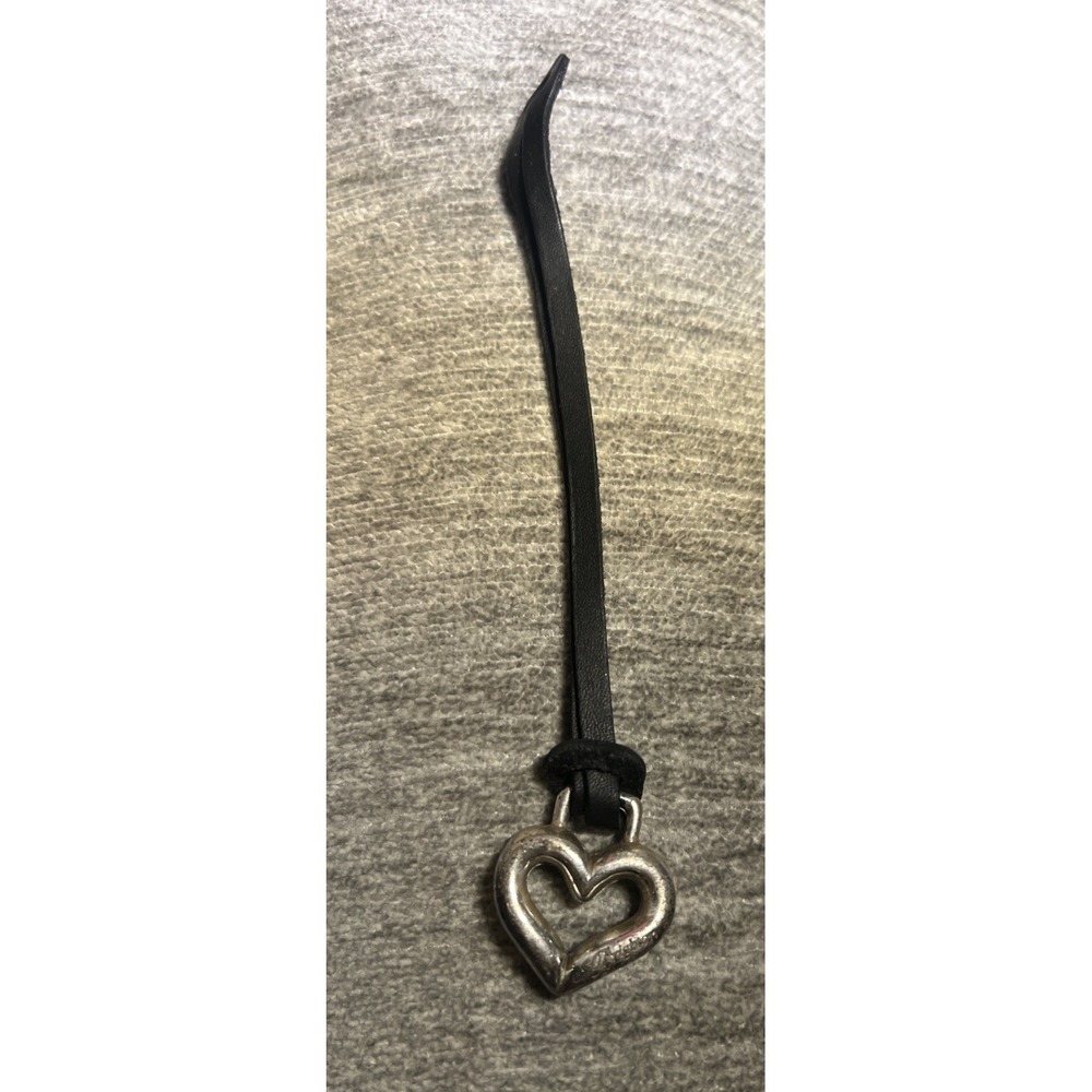 Brighton Silver Heart Bag Charm Black Leather Strap Zipper Pull Fob Boho Western